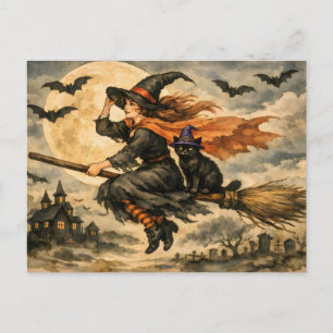 Vintage-Halloween-Hexe, schwarze Katze auf dem Bes Feiertagspostkarte