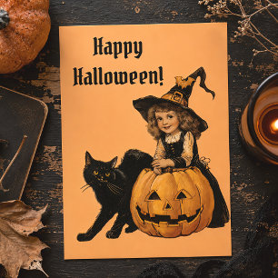 Vintage-Halloween-Hexe-Schwarze Katze & Kürbis Postkarte