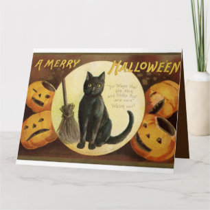 Vintage Halloween-Hexe schwarze Katze und Kürbisse Karte
