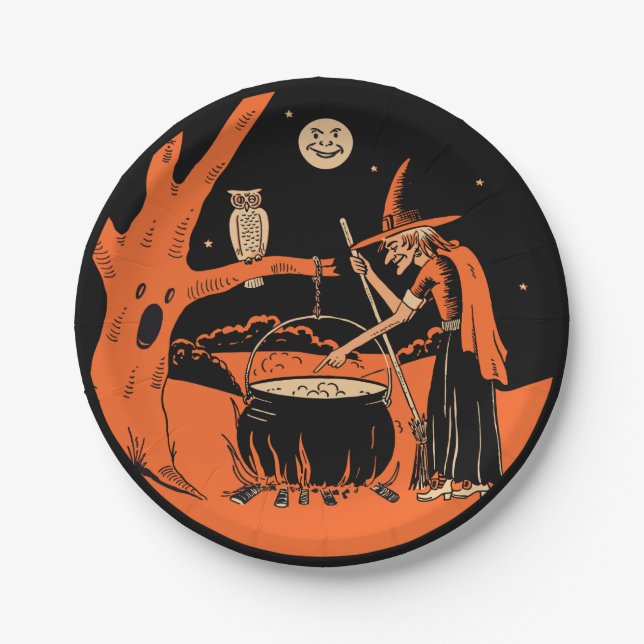 Vintage Halloween Hexe und Cauldron Pappteller (Vorderseite)