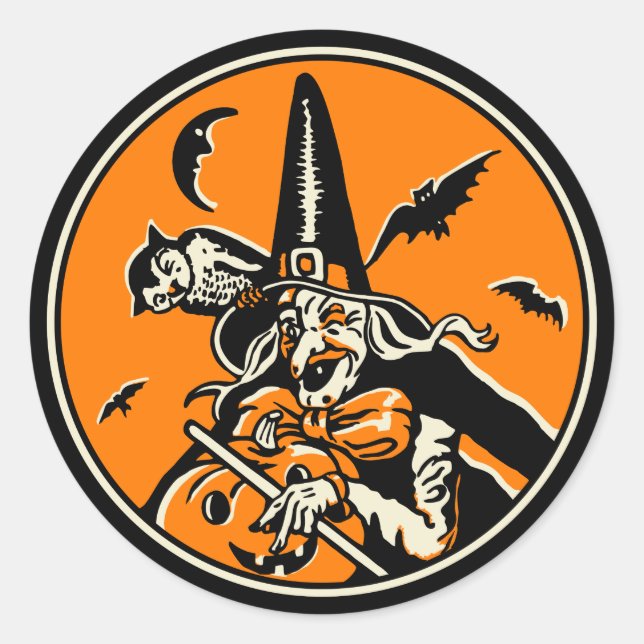 Vintage Halloween-Hexe und Jack O'Lantern Runder Aufkleber (Vorderseite)