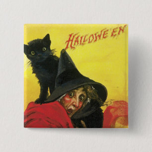 Vintage Halloween Hexe und Katze Button