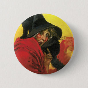 Vintage Halloween Hexe und Katze Button