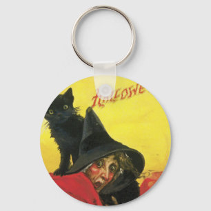 Vintage-Halloween-Hexe und Katze Schlüsselanhänger