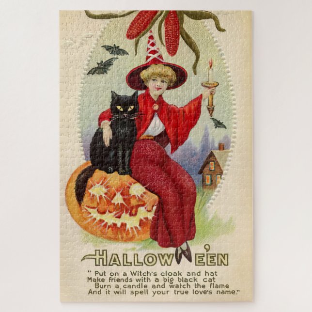 Vintage Halloween-Hexe und Schwarze Katze (Vertikal)