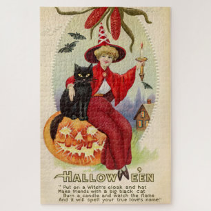 Vintage Halloween-Hexe und Schwarze Katze