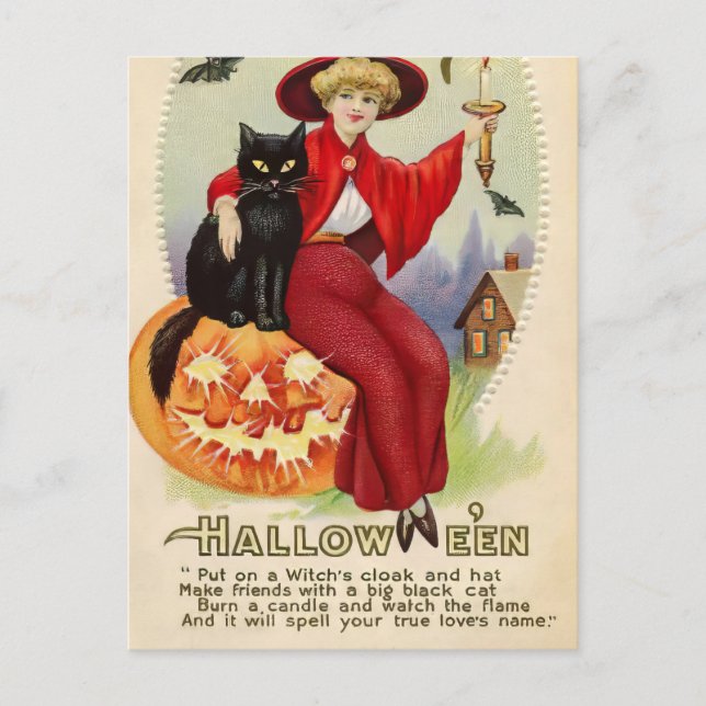 Vintage Halloween-Hexe und Schwarze Katze Postkarte (Vorderseite)