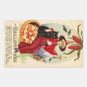 Vintage Halloween-Hexe und Schwarze Katze Rechteckiger Aufkleber