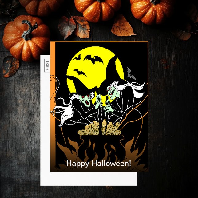 Vintage Halloween Hexen Cauldron Große Postkarte (Vintage Halloween Witches Cauldron Large Postcard)