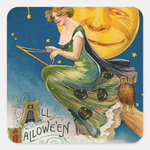 Vintage Halloween Hexen Mond Feiertags Aufkleber