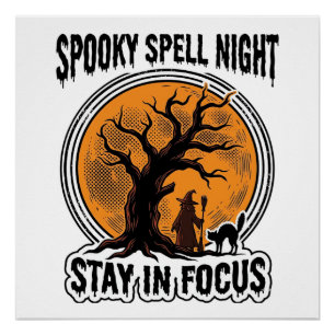 Vintage-Halloween-Hexenbaum und Grafik einer schwa Poster