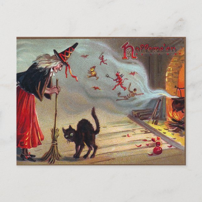 Vintage Halloween-Hexenkatze Feiertagspostkarte (Vorderseite)