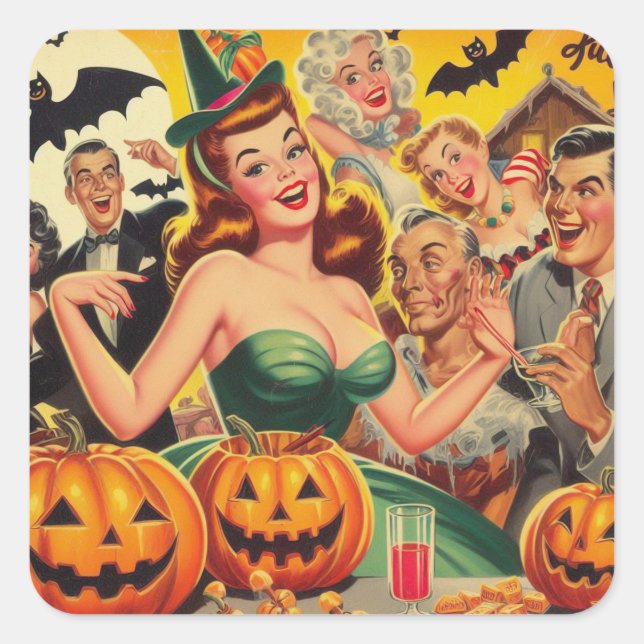 Vintage Halloween-Illustration Quadratischer Aufkleber (Vorderseite)