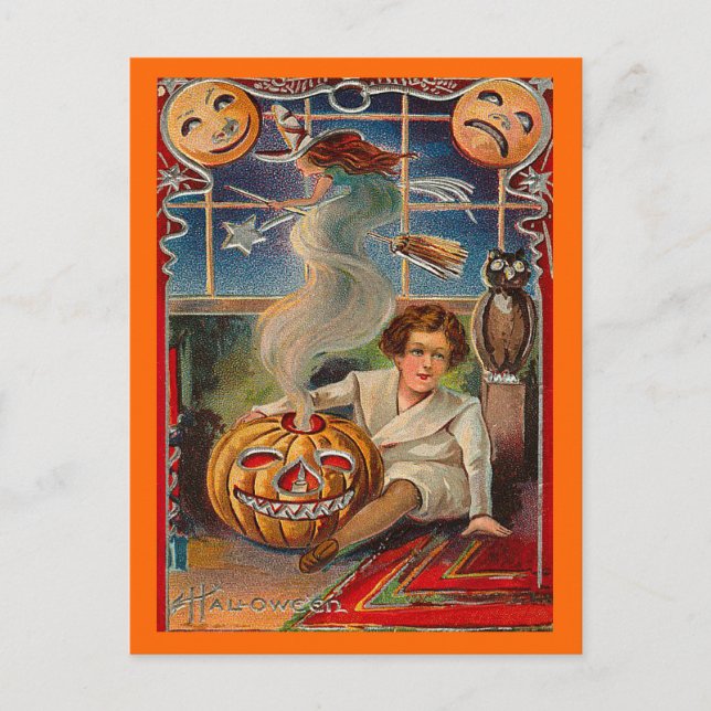 Vintage Halloween Jack-0-Lantern und Junge Postkarte (Vorderseite)