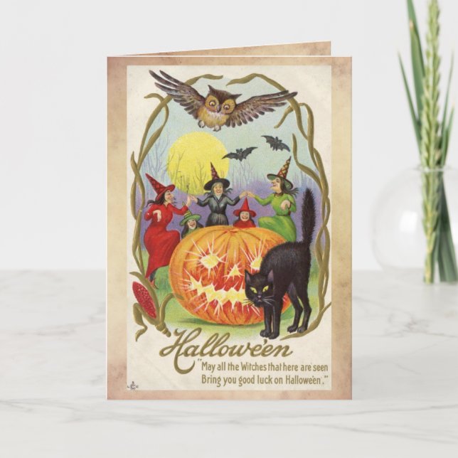 Vintage Halloween-Karte, Hexenkreis Karte (Vorderseite)