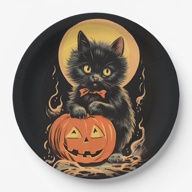 Vintage Halloween-Katze mit Pumpkin Pappteller (Vorderseite)