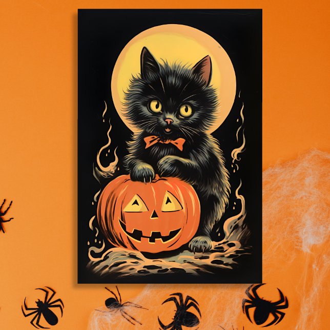 Vintage Halloween-Katze mit Pumpkin Rechteckiger Aufkleber (Vintage Halloween Cat sticker retro)
