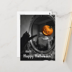 Vintage-Halloween-Katze schlägt Jackolantern-Kopf Postkarte