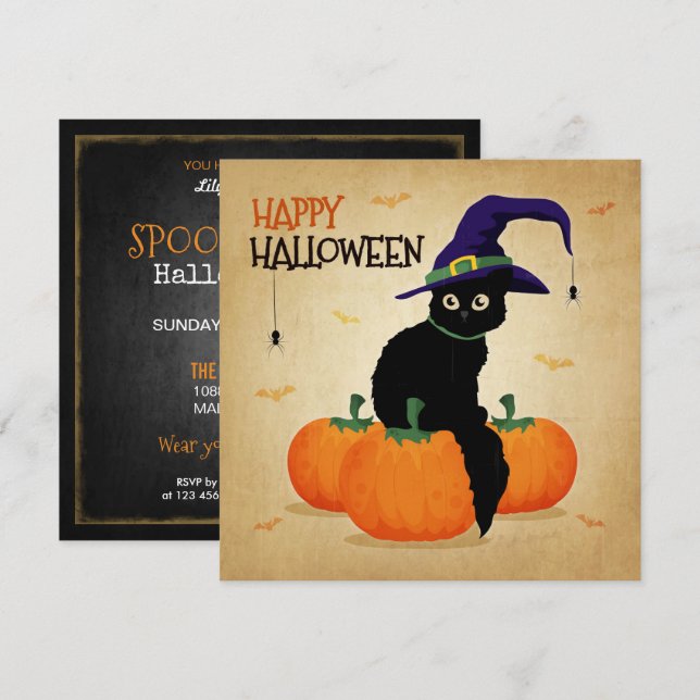 Vintage Halloween-Katzen und Kürbis| Einladung (Vorne/Hinten)