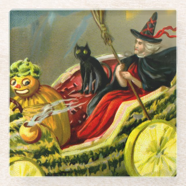 Vintage Halloween-Katzenjacke Glasuntersetzer (Vorderseite)