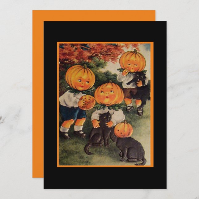 Vintage Halloween-Kids, schwarze Katzen und Kürbis (Vorne/Hinten)