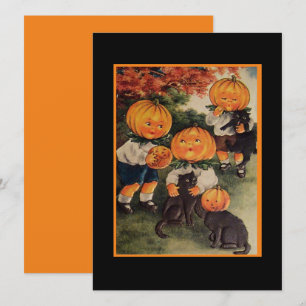 Vintage Halloween-Kids, schwarze Katzen und Kürbis