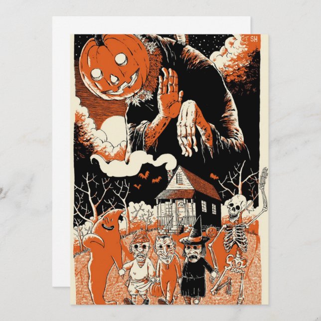 Vintage Halloween-Kids und Beängstigender Kürbis (Vorne/Hinten)