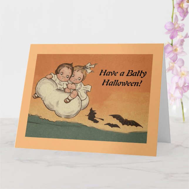 Vintage Halloween-Kinder, die Fledermäuse jagen Karte (Orchidee)