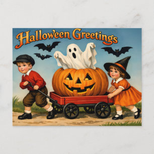 Vintage Halloween Kinder, Geist, Kürbis Postkarte