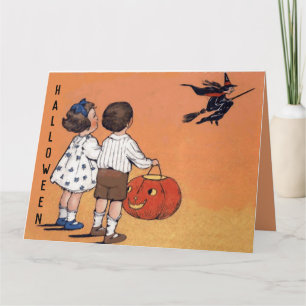 Vintage-Halloween-Kinder Hexe Kürbis Karte