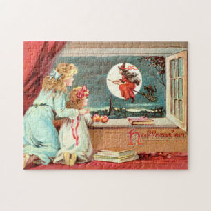 Vintage-Halloween-Kinder & Hexe mit Besenstiel