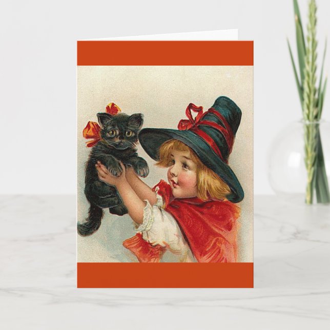 Vintage Halloween-Kleine Hexe mit schwarzer Katze Karte (Vorderseite)