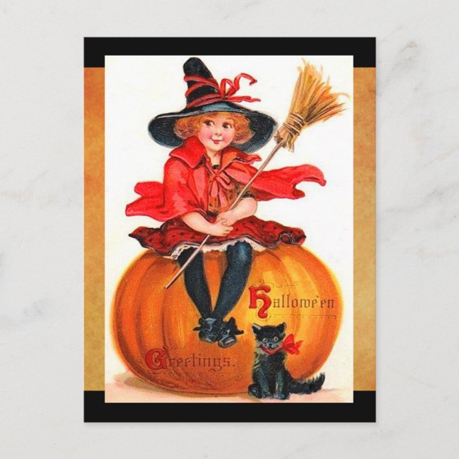 Vintage Halloween-Kleine Hexe Postkarte (Vorderseite)