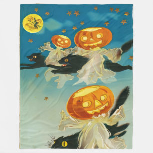 Vintage Halloween-Kürbis-Geister und schwarze Katz Fleecedecke