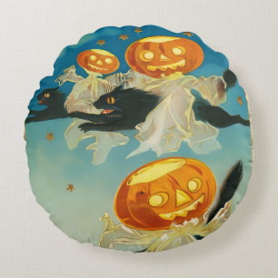 Vintage Halloween-Kürbis-Geister und schwarze Katz Rundes Kissen