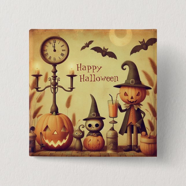 Vintage Halloween-Kürbis und -Fledermäuse Button (Vorderseite)