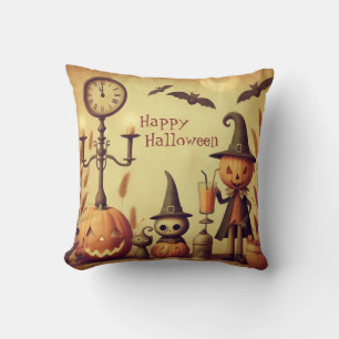 Vintage Halloween-Kürbis und -Fledermäuse Kissen