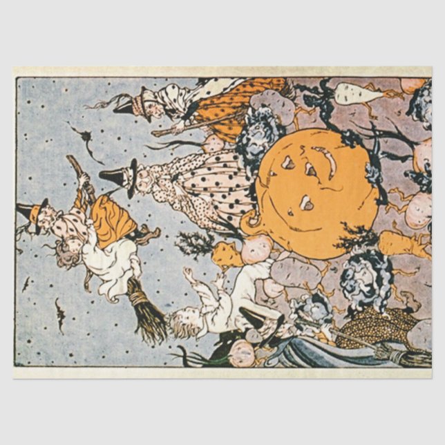 Vintage Halloween Kürbis und Hexen mit Besen Seidenpapier (Vorderseite)