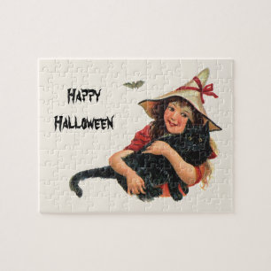 Vintage Halloween, Mädchenhexe mit schwarzer Katze
