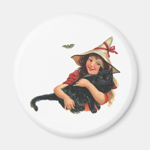 Vintage Halloween, Mädchenhexe mit schwarzer Katze Magnet
