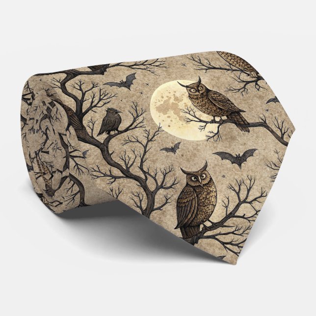Vintage Halloween Owls & Moon Krawatte (Gerollt)