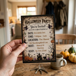 Vintage Halloween-Party Hexe & Spukhaus Einladung