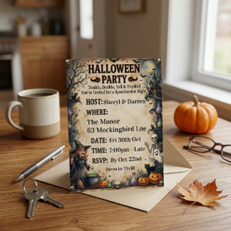 Vintage Halloween-Party Hexe & Spukhaus Einladung