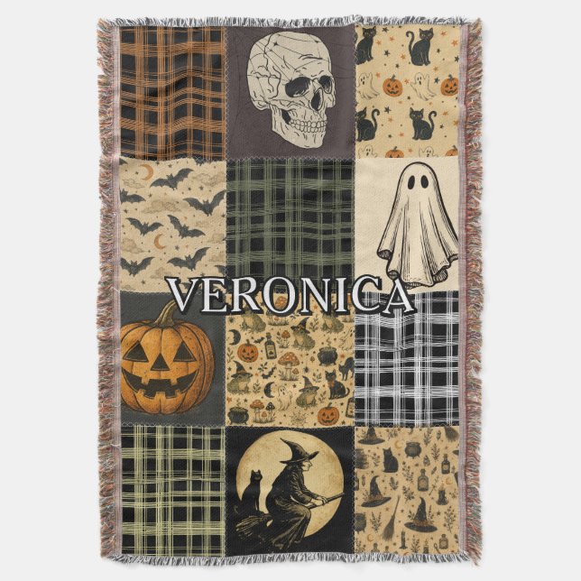 Vintage-Halloween-Patchwork-Herbst-Name-bestickt Decke (Vorderseite Vertikal)