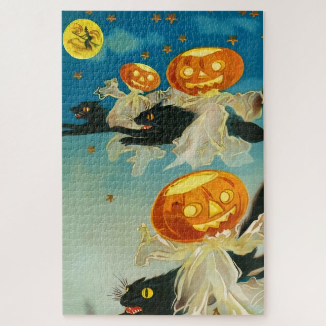 Vintage Halloween Pumpkin-Geister und Schwarze Kat (Vertikal)