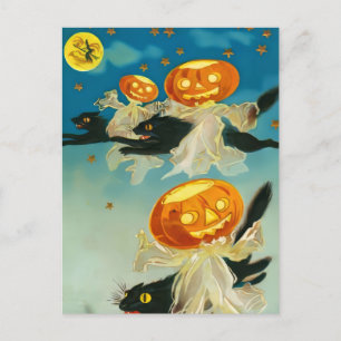 Vintage Halloween Pumpkin-Geister und Schwarze Kat Postkarte