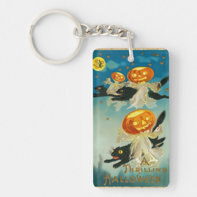 Vintage Halloween Pumpkin-Geister und Schwarze Kat Schlüsselanhänger (Vorderseite)