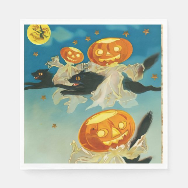 Vintage Halloween Pumpkin-Geister und Schwarze Kat Serviette (Vorderseite)