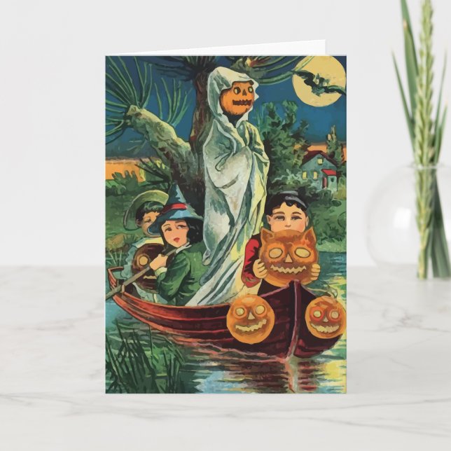 Vintage Halloween Pumpkin-Ghost-Karte Karte (Vorderseite)
