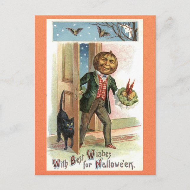 Vintage Halloween Pumpkin Head Man Black Cat Postkarte (Vorderseite)